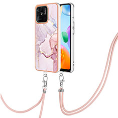 Silicone Candy Rubber Gel Fashionable Pattern Soft Case Cover with Lanyard Strap YB5 for Xiaomi Redmi 10 Power Pink