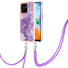Silicone Candy Rubber Gel Fashionable Pattern Soft Case Cover with Lanyard Strap YB5 for Xiaomi Redmi 10 Power Purple