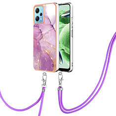 Silicone Candy Rubber Gel Fashionable Pattern Soft Case Cover with Lanyard Strap YB5 for Xiaomi Redmi Note 12 5G Clove Purple