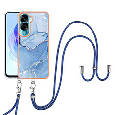 Silicone Candy Rubber Gel Fashionable Pattern Soft Case Cover with Lanyard Strap YB7 for Huawei Honor 90 Lite 5G Blue