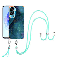 Silicone Candy Rubber Gel Fashionable Pattern Soft Case Cover with Lanyard Strap YB7 for Huawei Honor 90 Lite 5G Green
