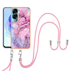 Silicone Candy Rubber Gel Fashionable Pattern Soft Case Cover with Lanyard Strap YB7 for Huawei Honor 90 Lite 5G Pink