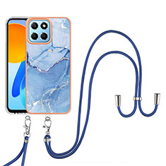 Silicone Candy Rubber Gel Fashionable Pattern Soft Case Cover with Lanyard Strap YB7 for Huawei Honor X6a Blue