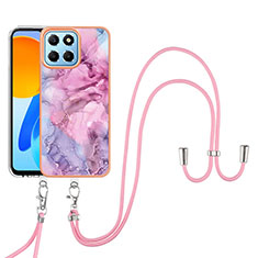 Silicone Candy Rubber Gel Fashionable Pattern Soft Case Cover with Lanyard Strap YB7 for Huawei Honor X6a Pink