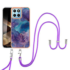 Silicone Candy Rubber Gel Fashionable Pattern Soft Case Cover with Lanyard Strap YB7 for Huawei Honor X8b Purple