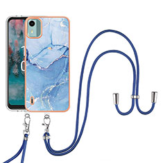 Silicone Candy Rubber Gel Fashionable Pattern Soft Case Cover with Lanyard Strap YB7 for Nokia C12 Blue