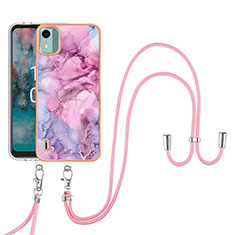 Silicone Candy Rubber Gel Fashionable Pattern Soft Case Cover with Lanyard Strap YB7 for Nokia C12 Clove Purple