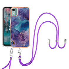 Silicone Candy Rubber Gel Fashionable Pattern Soft Case Cover with Lanyard Strap YB7 for Nokia C12 Purple