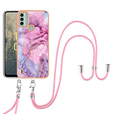 Silicone Candy Rubber Gel Fashionable Pattern Soft Case Cover with Lanyard Strap YB7 for Nokia C31 Clove Purple