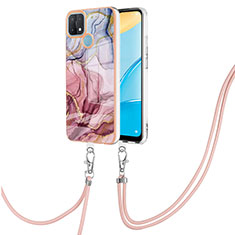 Silicone Candy Rubber Gel Fashionable Pattern Soft Case Cover with Lanyard Strap YB7 for Oppo A15 Clove Purple