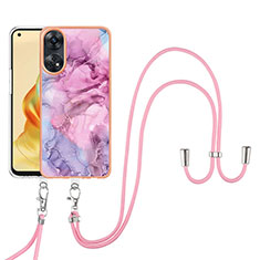 Silicone Candy Rubber Gel Fashionable Pattern Soft Case Cover with Lanyard Strap YB7 for Oppo Reno8 T 4G Pink