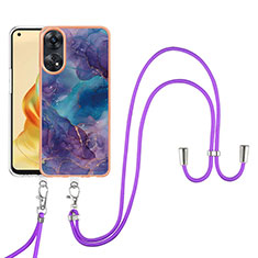 Silicone Candy Rubber Gel Fashionable Pattern Soft Case Cover with Lanyard Strap YB7 for Oppo Reno8 T 4G Purple