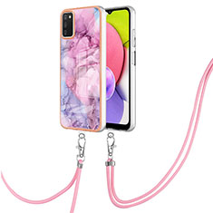 Silicone Candy Rubber Gel Fashionable Pattern Soft Case Cover with Lanyard Strap YB7 for Samsung Galaxy A02s Clove Purple