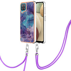 Silicone Candy Rubber Gel Fashionable Pattern Soft Case Cover with Lanyard Strap YB7 for Samsung Galaxy A12 5G Purple