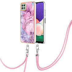 Silicone Candy Rubber Gel Fashionable Pattern Soft Case Cover with Lanyard Strap YB7 for Samsung Galaxy A22 5G Clove Purple