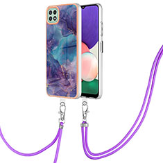Silicone Candy Rubber Gel Fashionable Pattern Soft Case Cover with Lanyard Strap YB7 for Samsung Galaxy A22 5G Purple