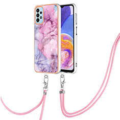 Silicone Candy Rubber Gel Fashionable Pattern Soft Case Cover with Lanyard Strap YB7 for Samsung Galaxy A52 4G Clove Purple