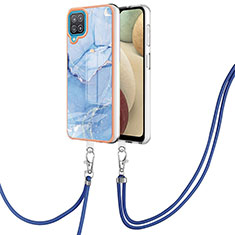 Silicone Candy Rubber Gel Fashionable Pattern Soft Case Cover with Lanyard Strap YB7 for Samsung Galaxy F12 Blue
