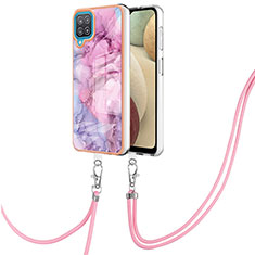 Silicone Candy Rubber Gel Fashionable Pattern Soft Case Cover with Lanyard Strap YB7 for Samsung Galaxy F12 Clove Purple