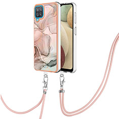 Silicone Candy Rubber Gel Fashionable Pattern Soft Case Cover with Lanyard Strap YB7 for Samsung Galaxy F12 Pink