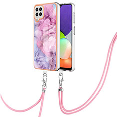 Silicone Candy Rubber Gel Fashionable Pattern Soft Case Cover with Lanyard Strap YB7 for Samsung Galaxy M32 4G Clove Purple