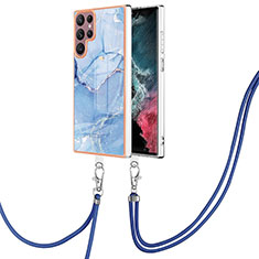 Silicone Candy Rubber Gel Fashionable Pattern Soft Case Cover with Lanyard Strap YB7 for Samsung Galaxy S22 Ultra 5G Blue