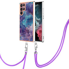 Silicone Candy Rubber Gel Fashionable Pattern Soft Case Cover with Lanyard Strap YB7 for Samsung Galaxy S22 Ultra 5G Purple