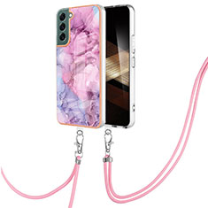 Silicone Candy Rubber Gel Fashionable Pattern Soft Case Cover with Lanyard Strap YB7 for Samsung Galaxy S24 5G Clove Purple