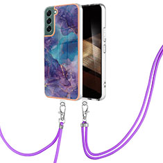 Silicone Candy Rubber Gel Fashionable Pattern Soft Case Cover with Lanyard Strap YB7 for Samsung Galaxy S24 5G Purple