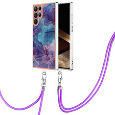 Silicone Candy Rubber Gel Fashionable Pattern Soft Case Cover with Lanyard Strap YB7 for Samsung Galaxy S24 Ultra 5G Purple