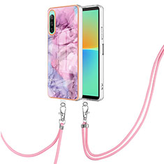 Silicone Candy Rubber Gel Fashionable Pattern Soft Case Cover with Lanyard Strap YB7 for Sony Xperia 10 IV Clove Purple