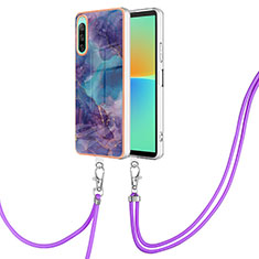 Silicone Candy Rubber Gel Fashionable Pattern Soft Case Cover with Lanyard Strap YB7 for Sony Xperia 10 IV Purple