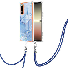 Silicone Candy Rubber Gel Fashionable Pattern Soft Case Cover with Lanyard Strap YB7 for Sony Xperia 5 IV Blue