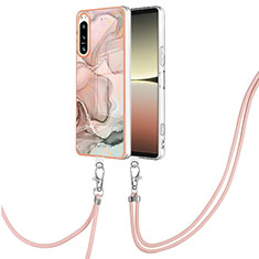 Silicone Candy Rubber Gel Fashionable Pattern Soft Case Cover with Lanyard Strap YB7 for Sony Xperia 5 IV Pink