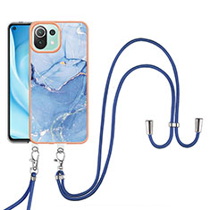 Silicone Candy Rubber Gel Fashionable Pattern Soft Case Cover with Lanyard Strap YB7 for Xiaomi Mi 11 Lite 4G Blue