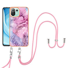 Silicone Candy Rubber Gel Fashionable Pattern Soft Case Cover with Lanyard Strap YB7 for Xiaomi Mi 11 Lite 4G Clove Purple