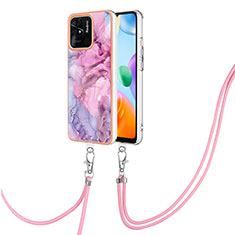 Silicone Candy Rubber Gel Fashionable Pattern Soft Case Cover with Lanyard Strap YB7 for Xiaomi Redmi 10 Power Clove Purple