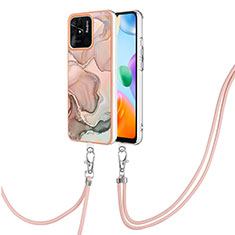 Silicone Candy Rubber Gel Fashionable Pattern Soft Case Cover with Lanyard Strap YB7 for Xiaomi Redmi 10 Power Pink