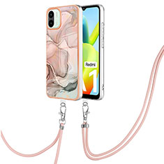 Silicone Candy Rubber Gel Fashionable Pattern Soft Case Cover with Lanyard Strap YB7 for Xiaomi Redmi A2 Pink