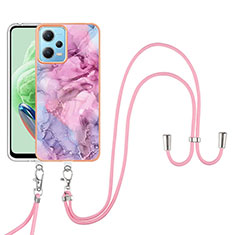 Silicone Candy Rubber Gel Fashionable Pattern Soft Case Cover with Lanyard Strap YB7 for Xiaomi Redmi Note 12 5G Clove Purple