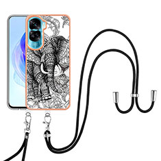 Silicone Candy Rubber Gel Fashionable Pattern Soft Case Cover with Lanyard Strap YB8 for Huawei Honor 90 Lite 5G Gray