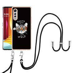 Silicone Candy Rubber Gel Fashionable Pattern Soft Case Cover with Lanyard Strap YB8 for LG Velvet 4G Black