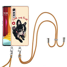 Silicone Candy Rubber Gel Fashionable Pattern Soft Case Cover with Lanyard Strap YB8 for LG Velvet 4G Khaki