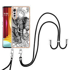 Silicone Candy Rubber Gel Fashionable Pattern Soft Case Cover with Lanyard Strap YB8 for LG Velvet 5G Gray