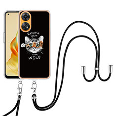 Silicone Candy Rubber Gel Fashionable Pattern Soft Case Cover with Lanyard Strap YB8 for Oppo Reno8 T 4G Black