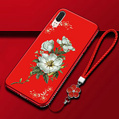 Silicone Candy Rubber Gel Flowers Soft Case Cover K03 for Huawei P20 Red