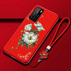 Silicone Candy Rubber Gel Flowers Soft Case Cover S01 for Huawei P40 Red