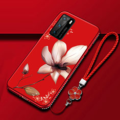 Silicone Candy Rubber Gel Flowers Soft Case Cover S01 for Huawei P40 Red Wine