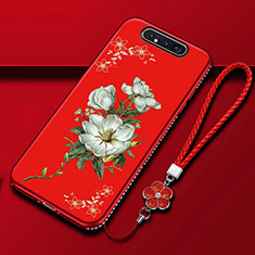 Silicone Candy Rubber Gel Flowers Soft Case Cover S06 for Samsung Galaxy A80 Red