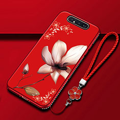 Silicone Candy Rubber Gel Flowers Soft Case Cover S06 for Samsung Galaxy A90 4G Red Wine